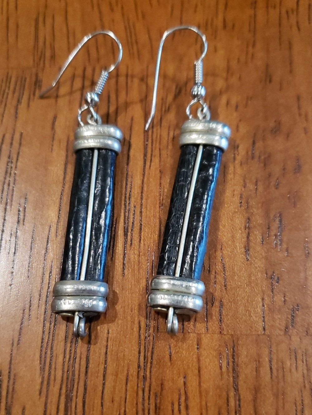 Black Tube Drop Earrings with Silver Accents